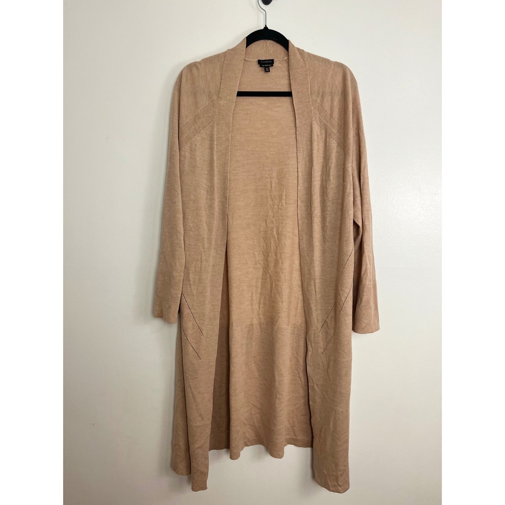 Talbots Merino Wool Long Cardigan XL Tan Pointelle Open Front Classic Duster